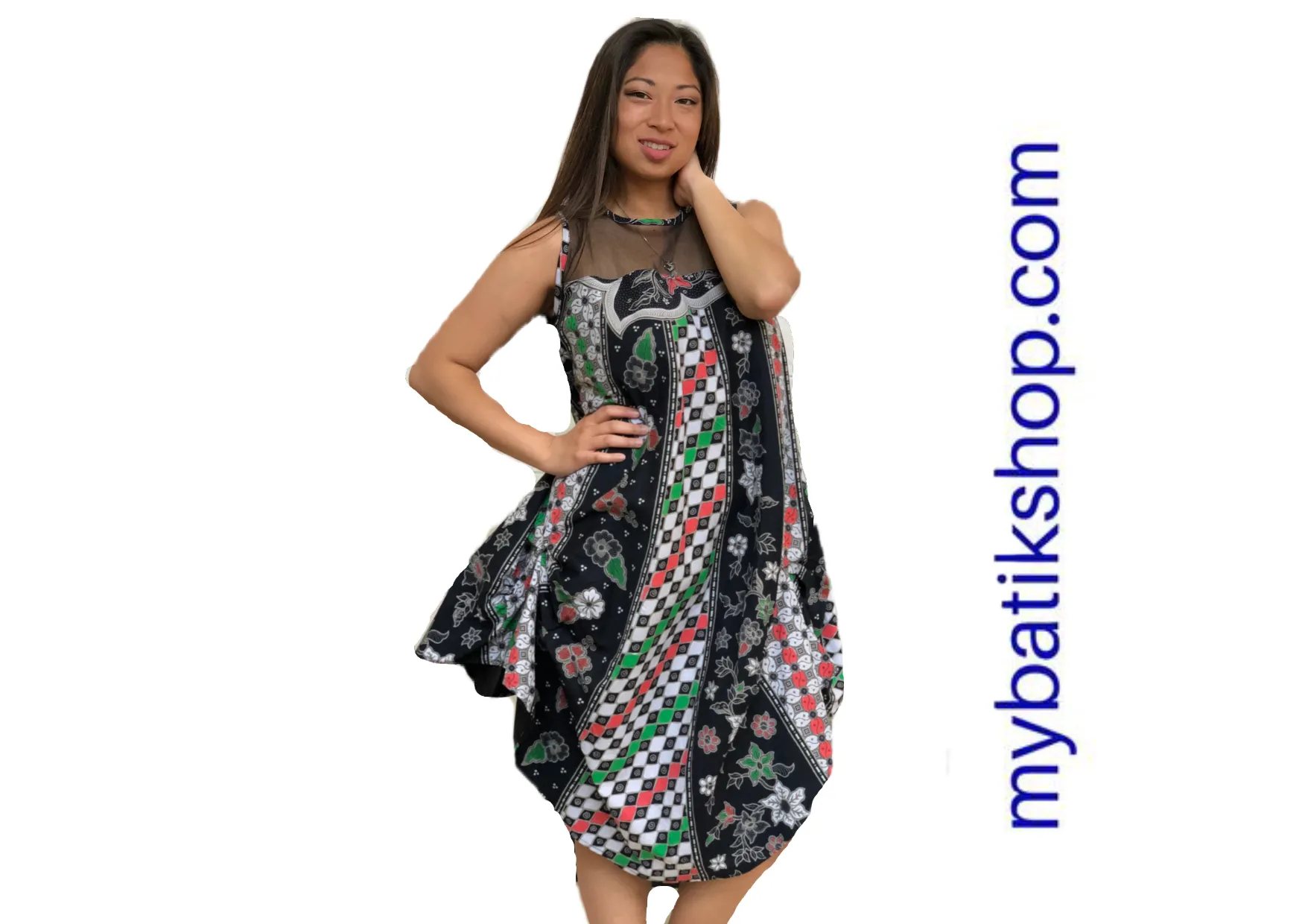 Batik Cap Sleeveless Dress with Sheer Lace Top Black and Multi Checkers