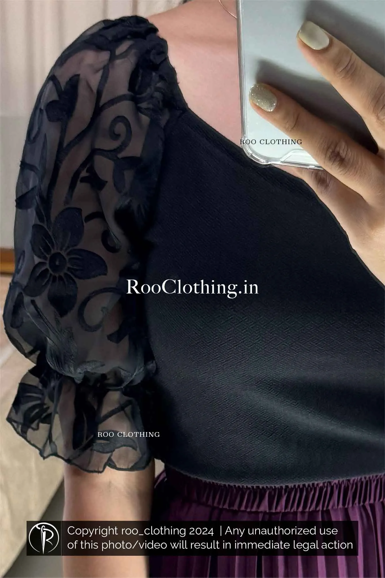 Black Sweetheart Neckline Top with Floral Embossed Mesh Puff Sleeves (Top Only)