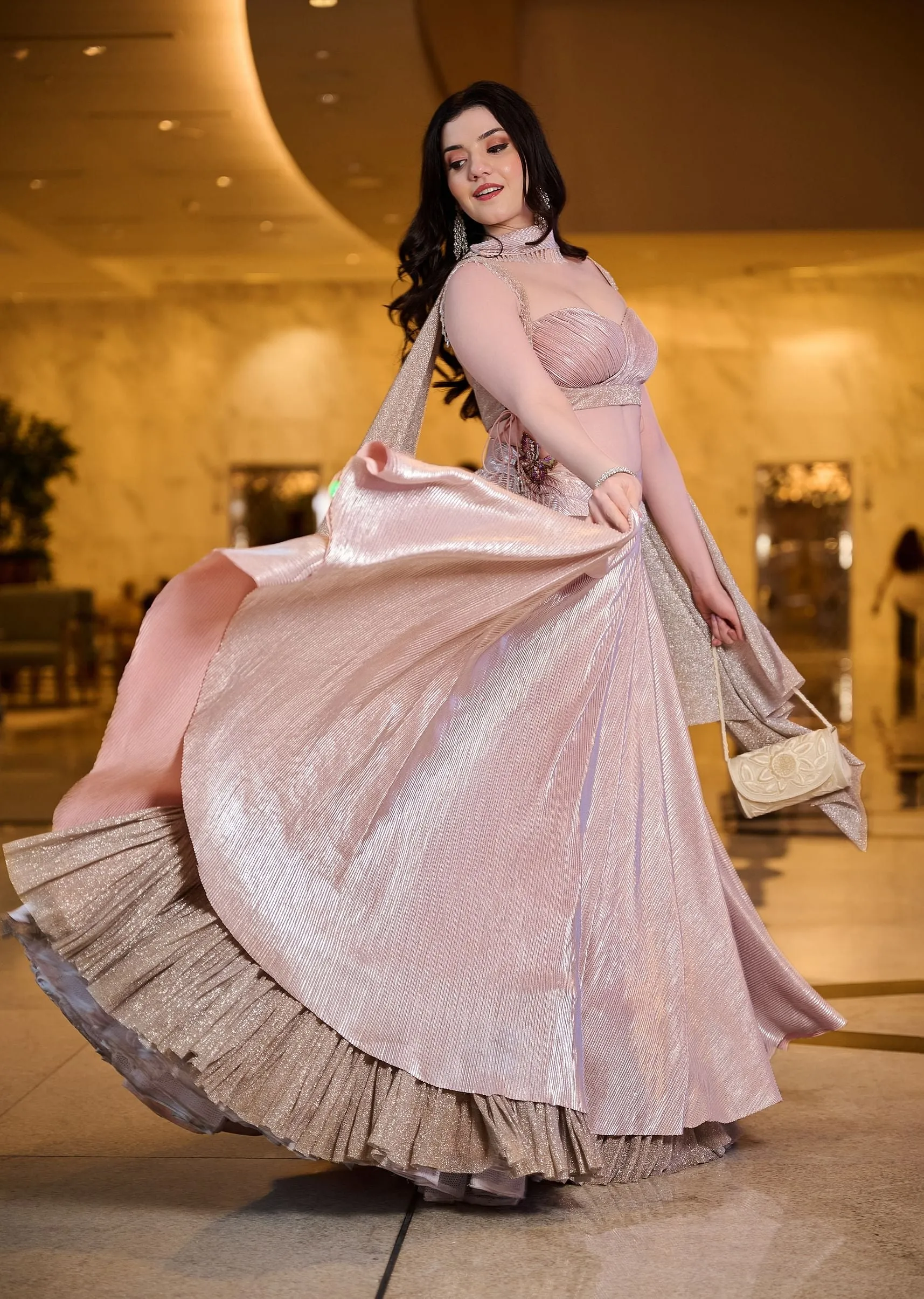Blush Pink Pre-Pleated Frill Lehenga With TieUp Blouse And Choker Dupatta