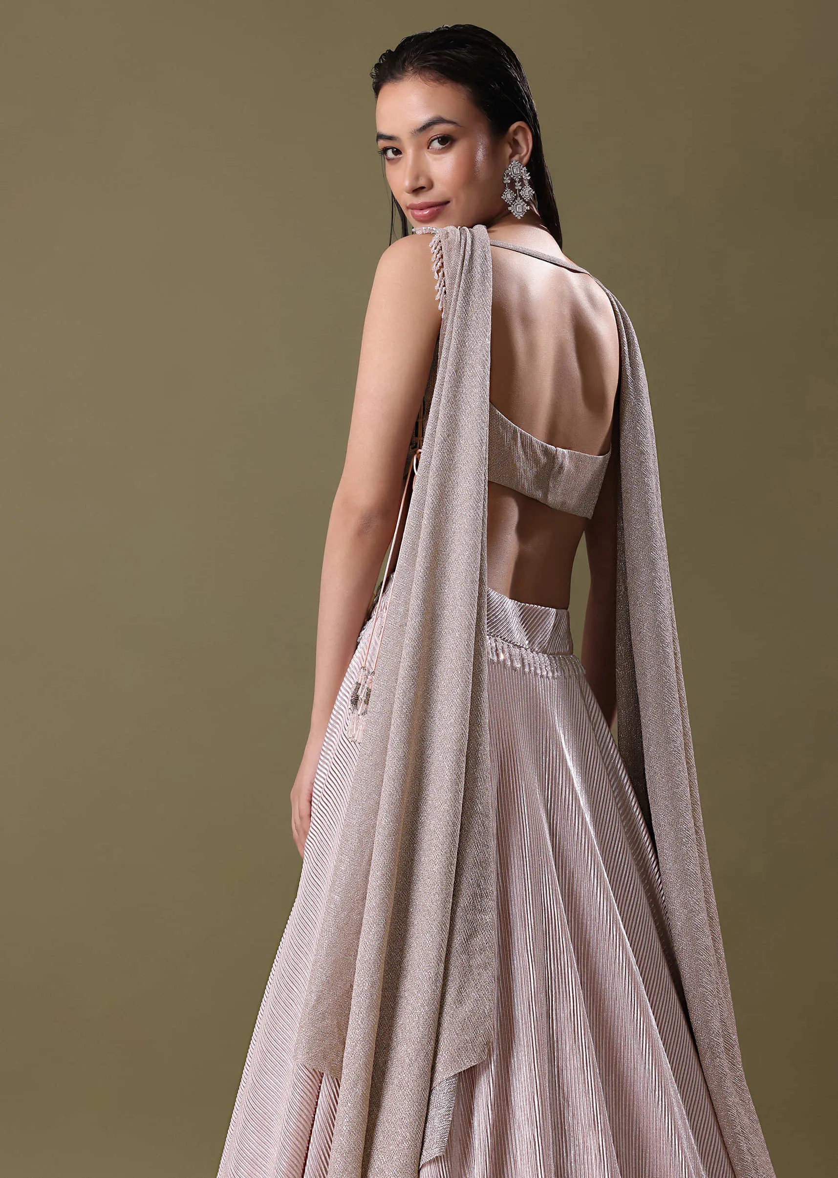 Blush Pink Pre-Pleated Frill Lehenga With TieUp Blouse And Choker Dupatta