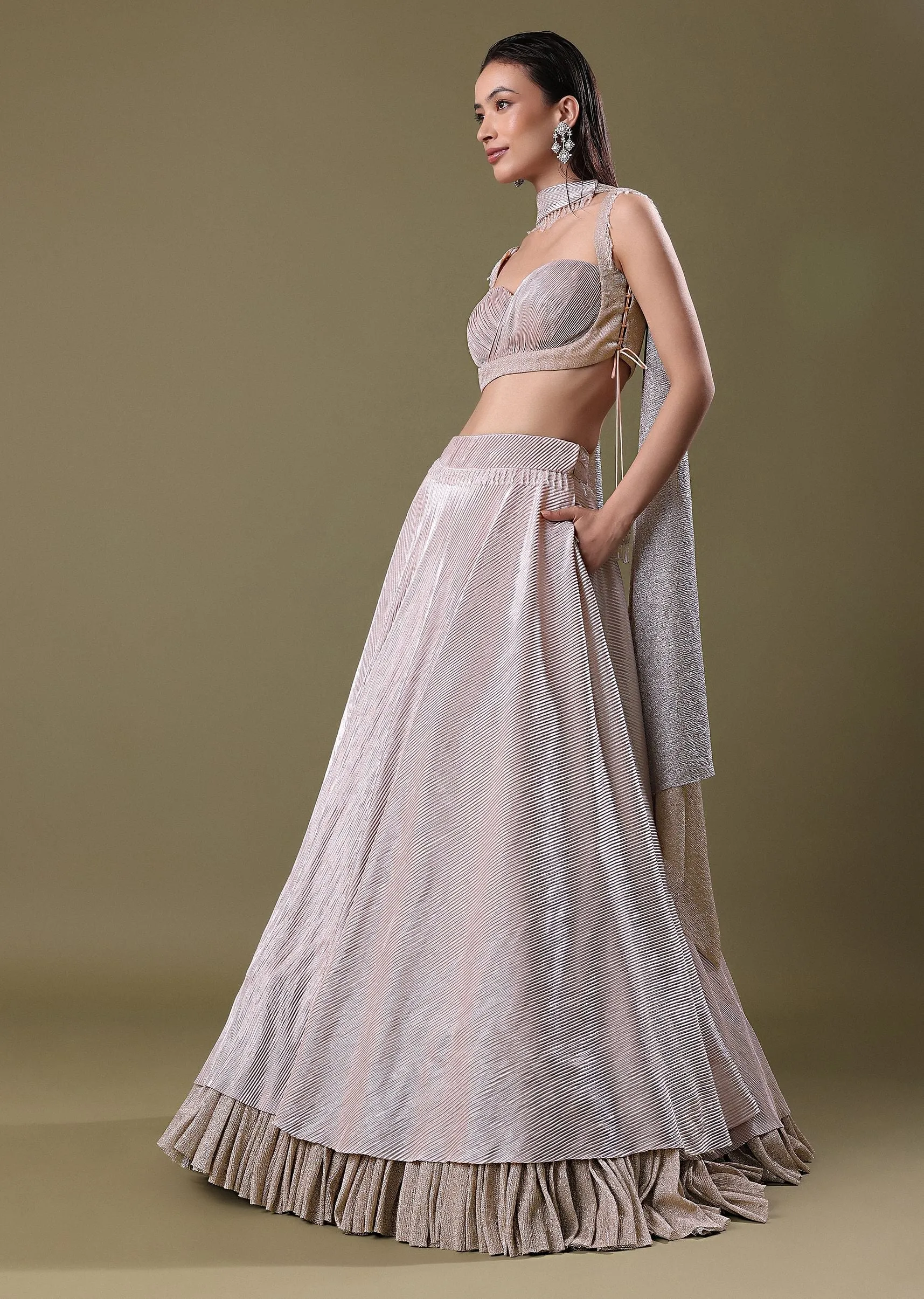 Blush Pink Pre-Pleated Frill Lehenga With TieUp Blouse And Choker Dupatta