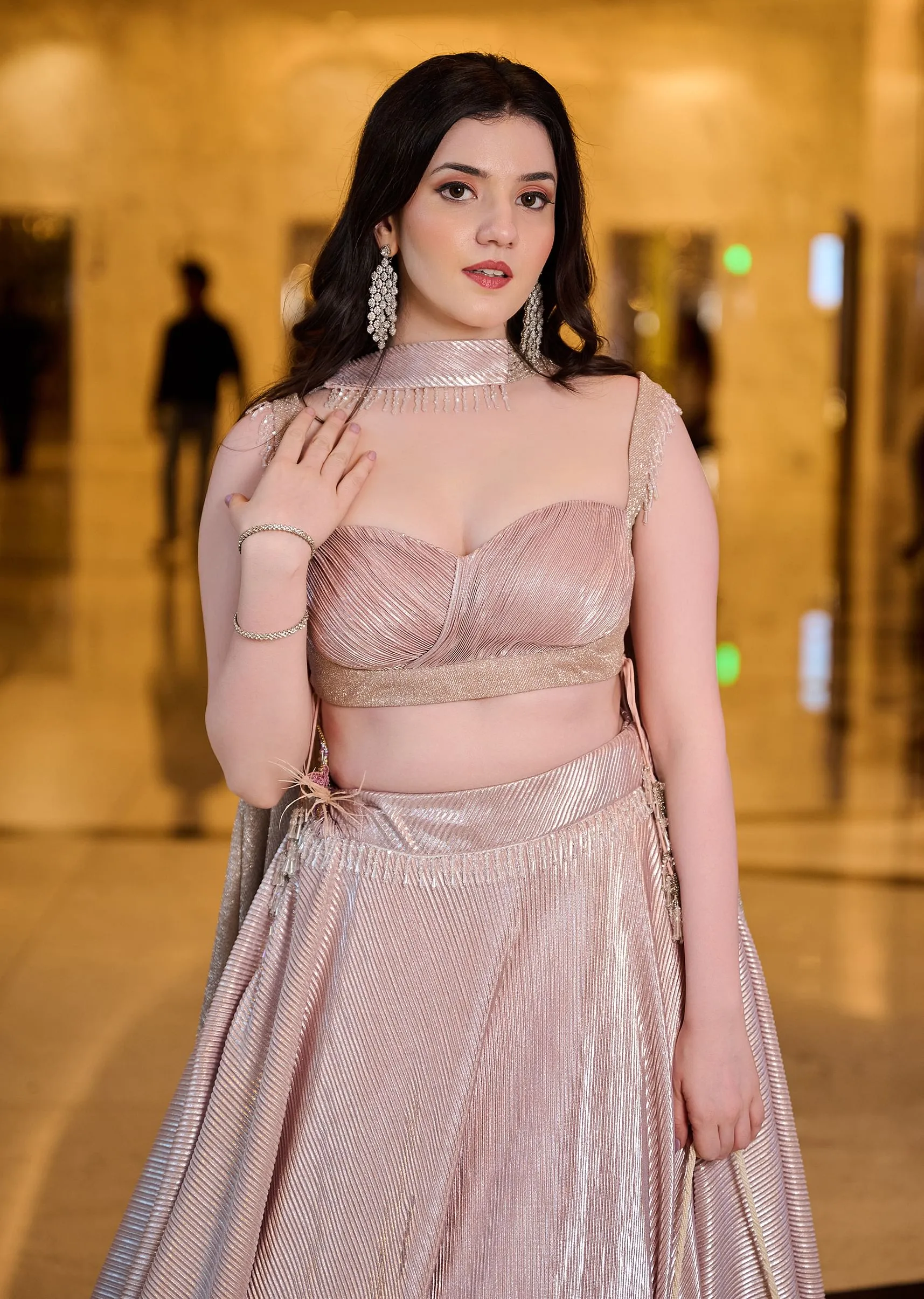 Blush Pink Pre-Pleated Frill Lehenga With TieUp Blouse And Choker Dupatta