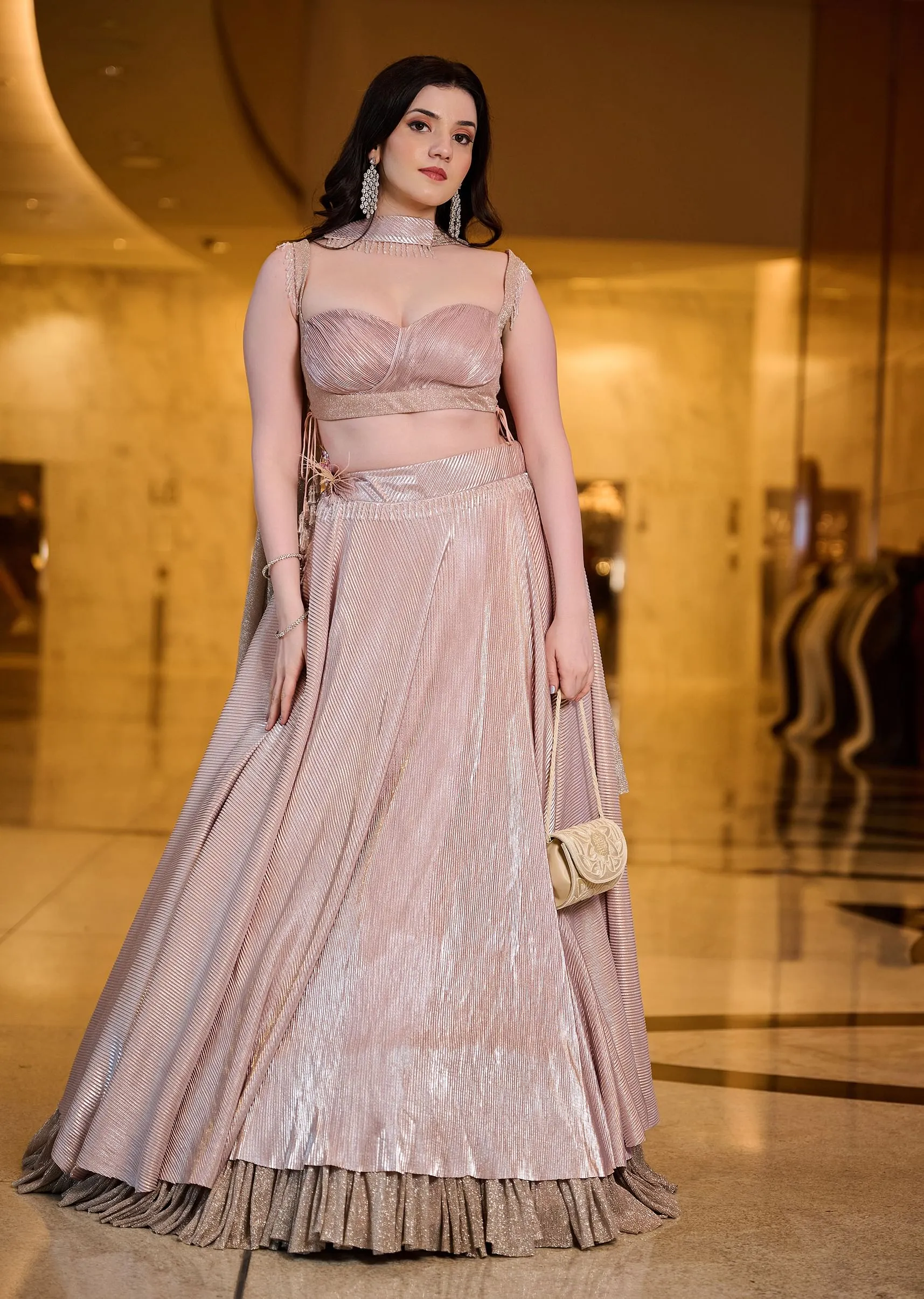 Blush Pink Pre-Pleated Frill Lehenga With TieUp Blouse And Choker Dupatta