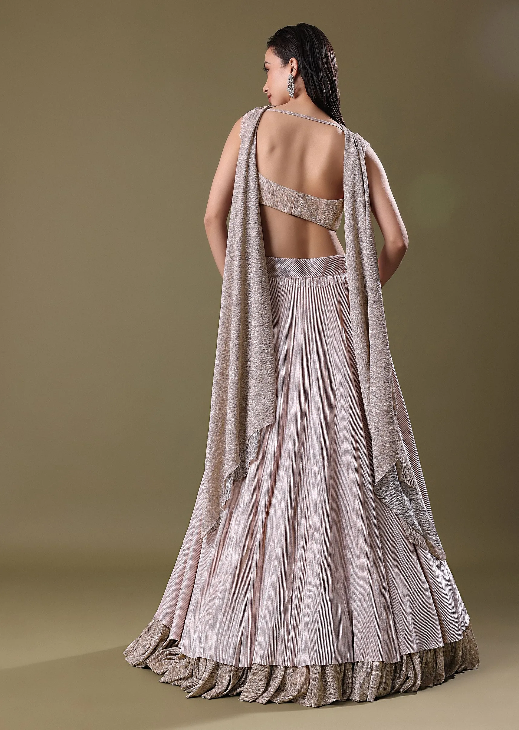 Blush Pink Pre-Pleated Frill Lehenga With TieUp Blouse And Choker Dupatta