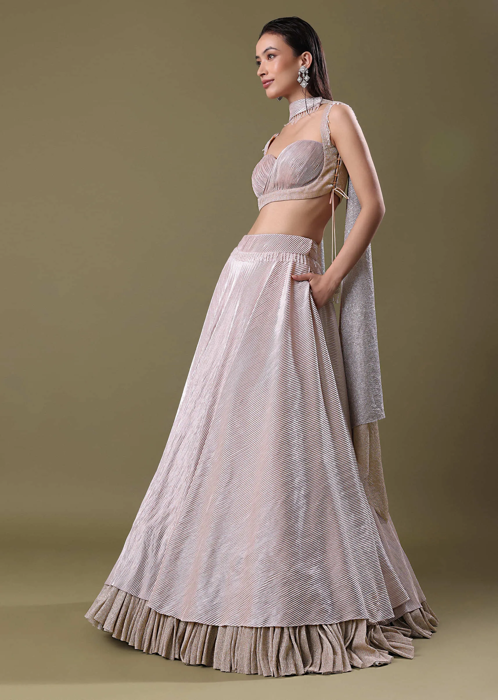 Blush Pink Pre-Pleated Frill Lehenga With TieUp Blouse And Choker Dupatta