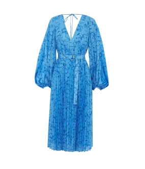 Clockhall Pleated Midi Dress in Blue Iris Print