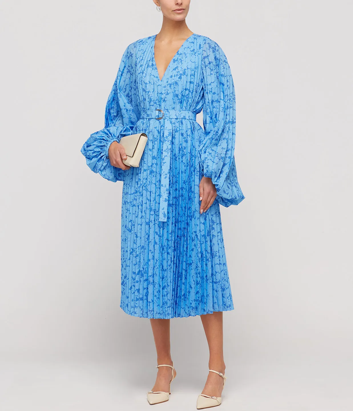 Clockhall Pleated Midi Dress in Blue Iris Print