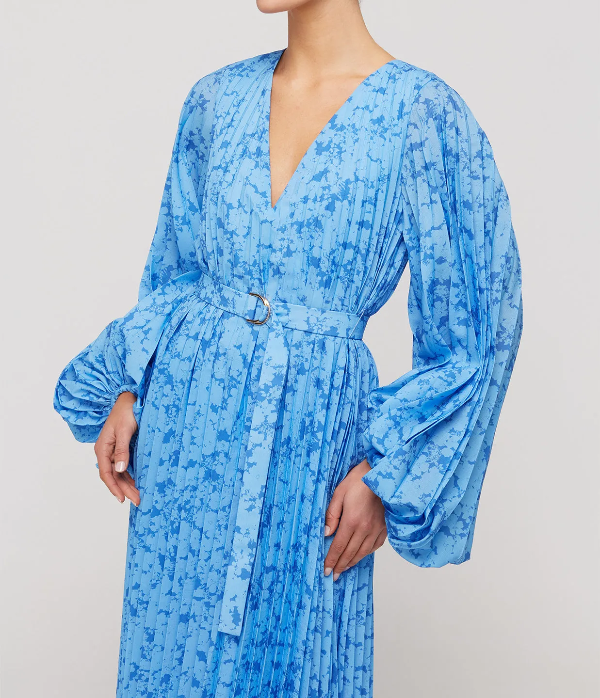 Clockhall Pleated Midi Dress in Blue Iris Print