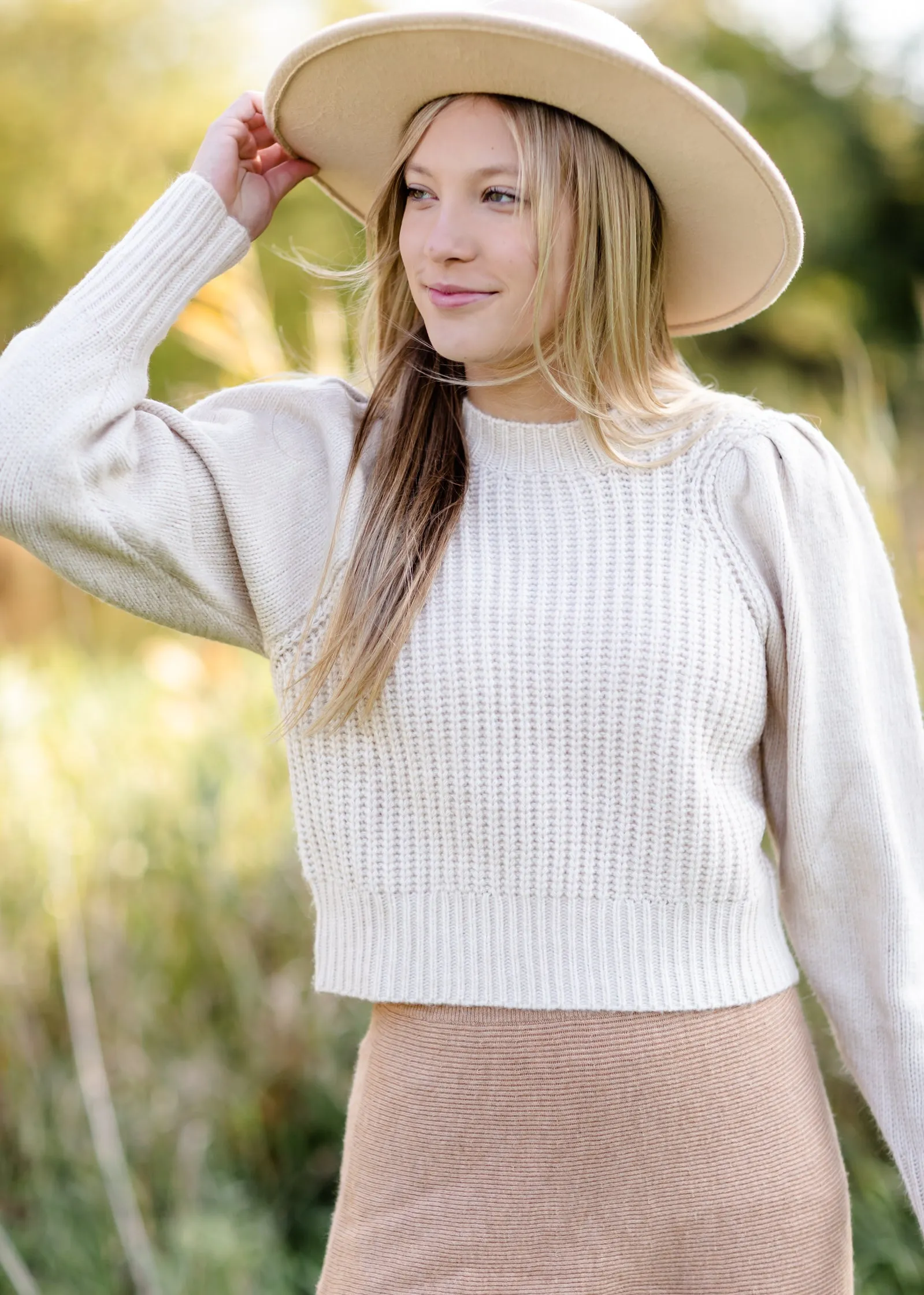 Cream Pleated Shoulder Ribbed Long Sleeve Sweater - FINAL SALE