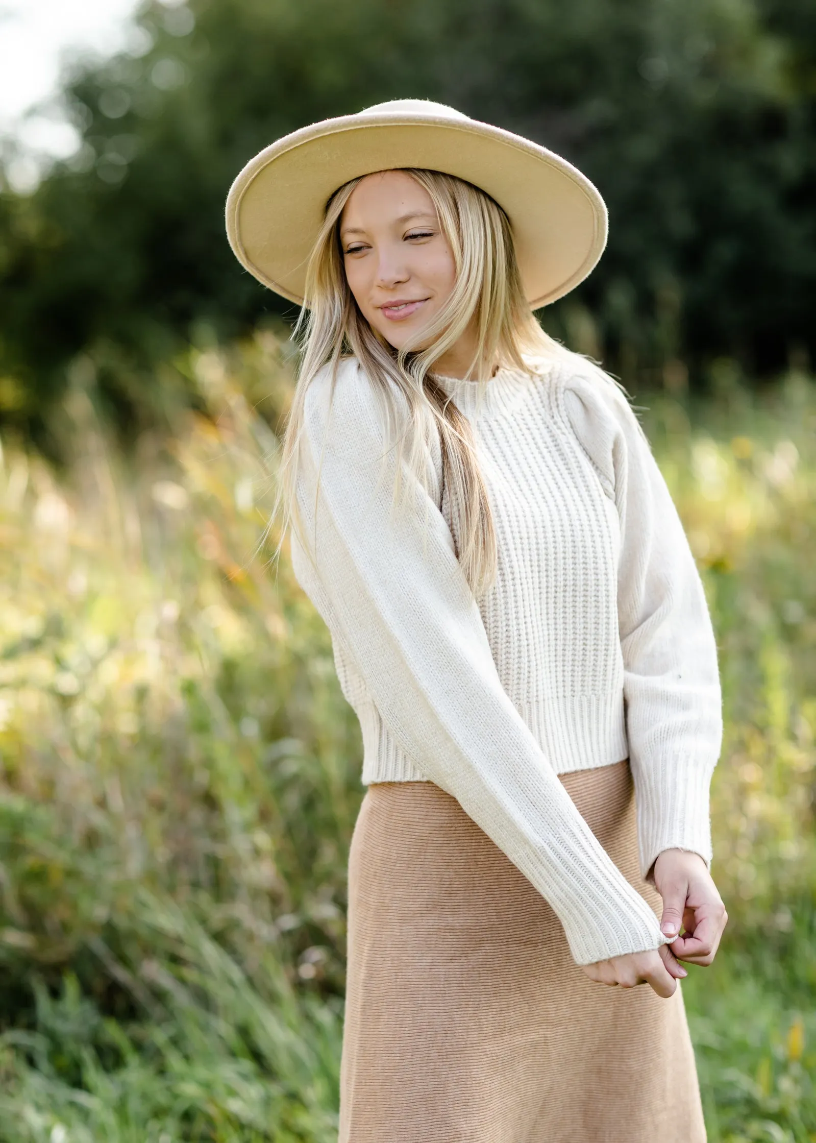 Cream Pleated Shoulder Ribbed Long Sleeve Sweater - FINAL SALE