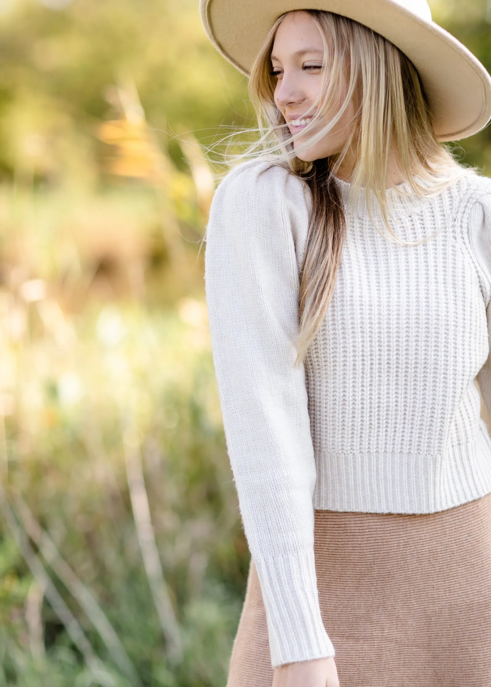Cream Pleated Shoulder Ribbed Long Sleeve Sweater - FINAL SALE