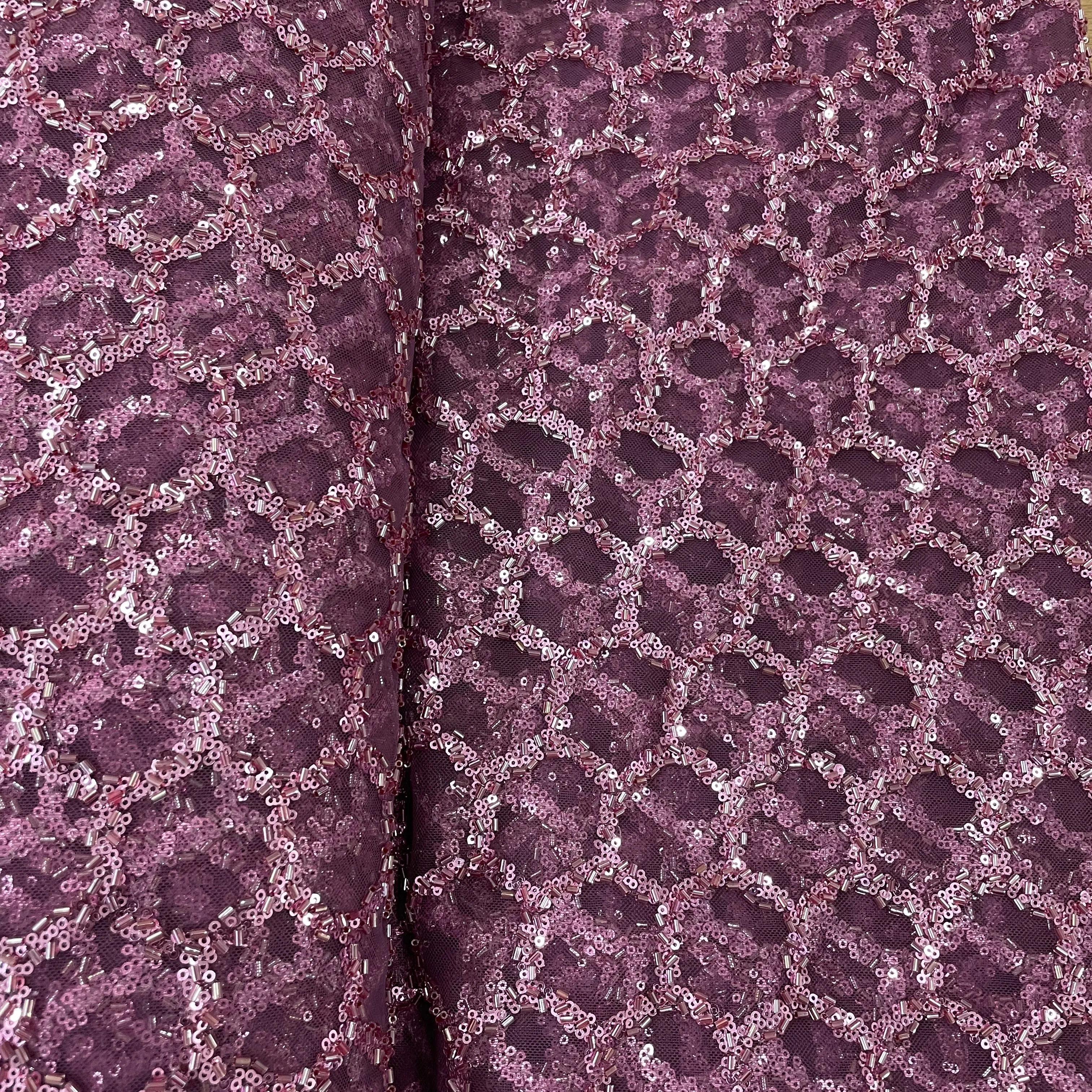Exclusive Purple Imported Beads & Sequins Embroidery Net Fabric