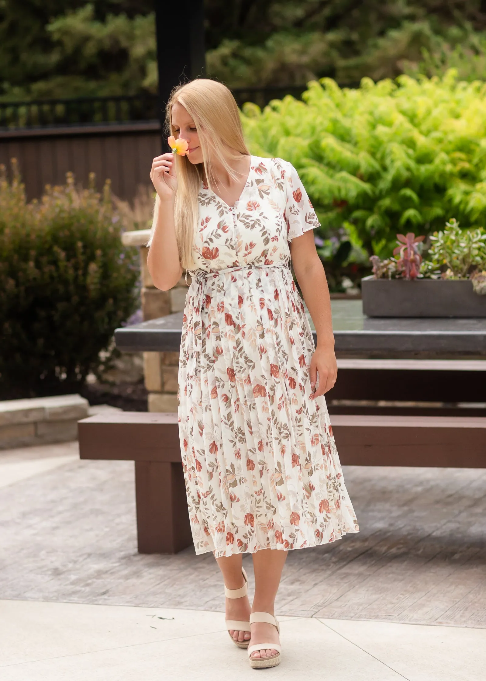 Ivory Floral Pleated Midi Dress - FINAL SALE