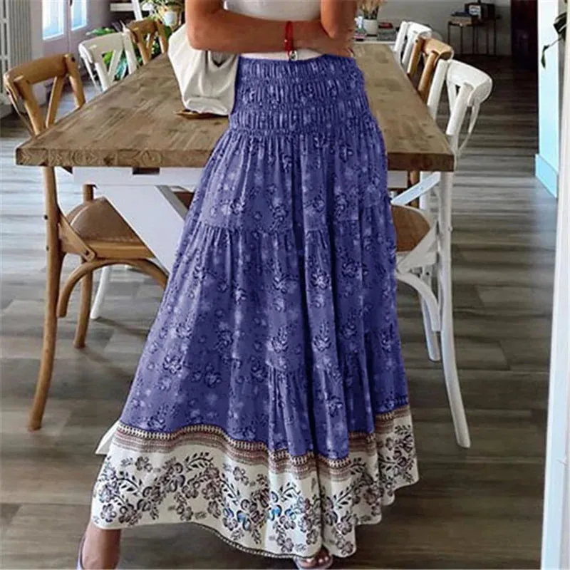 MQTIME  -  Summer New Women's Printing Skirts Elastic High Waist Long Skirt Floral Pleated A-line Boho Skirts Chic Mujer Maxi Skirts