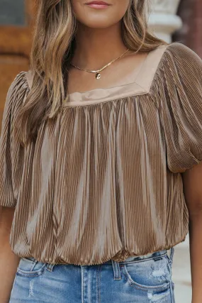 paisley taupe pleated square neck top