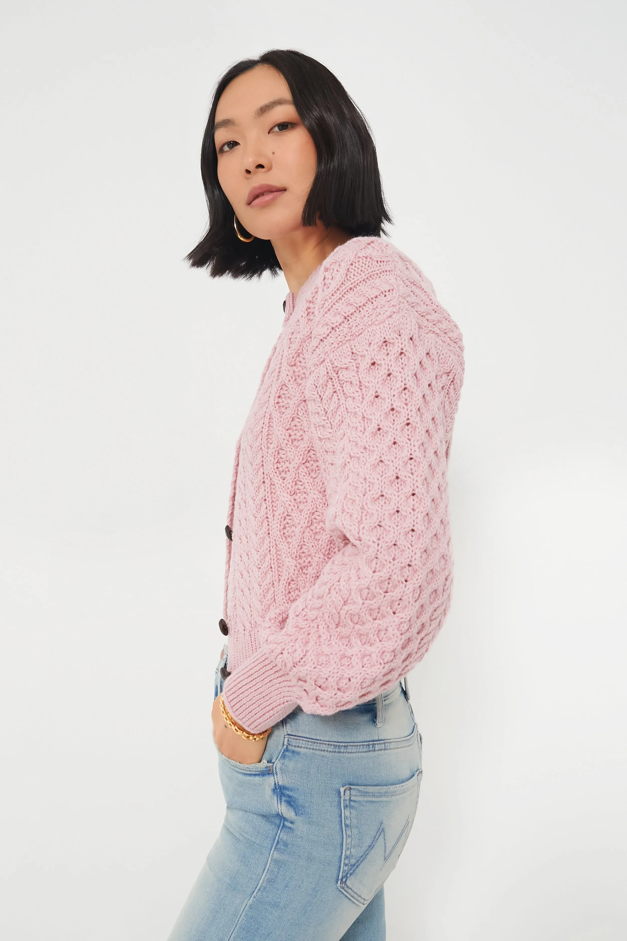 Pale Pink Clover Cropped Aran Cardigan