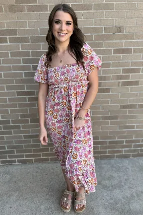 RHEA Floral Square Neck Midi Dress