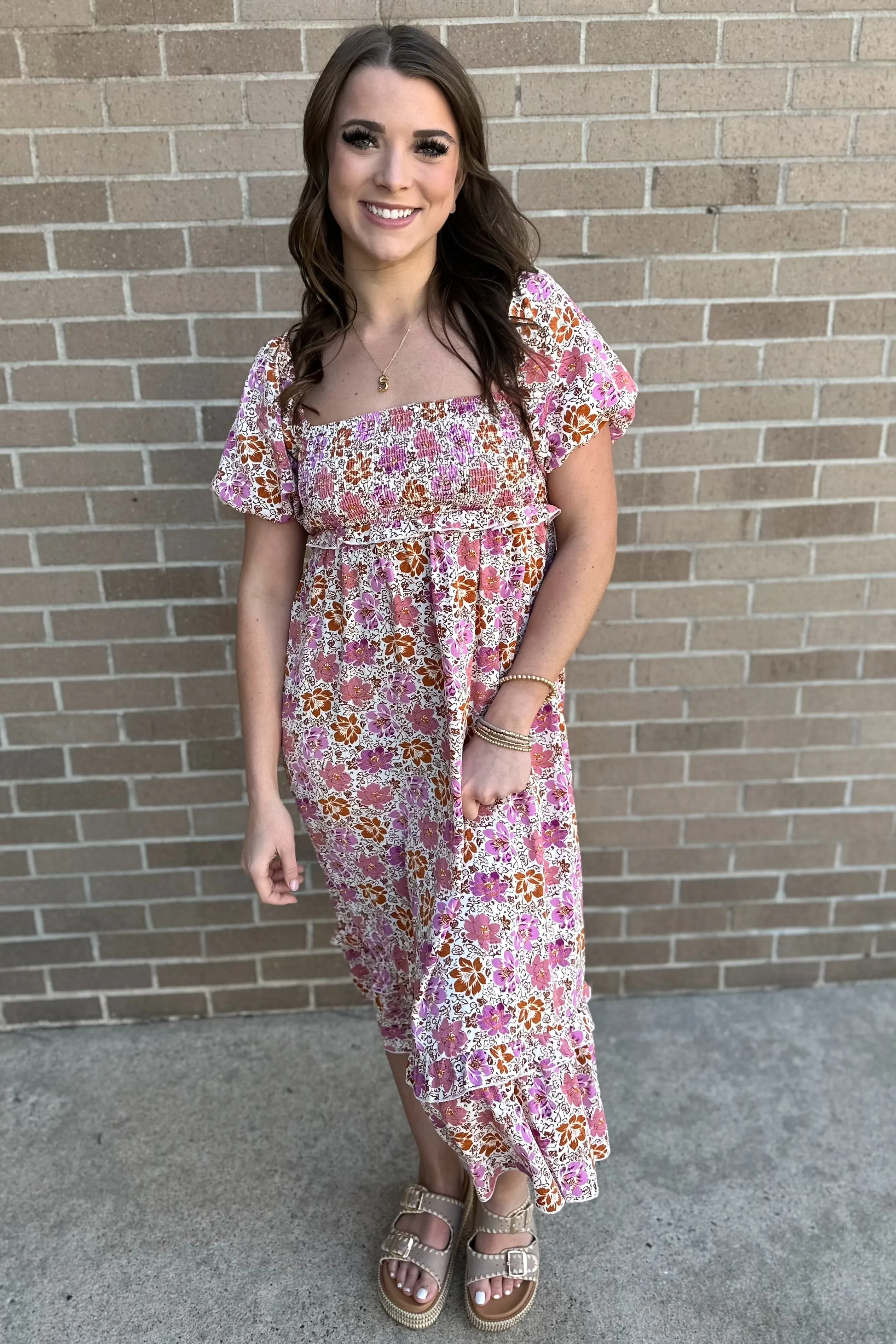 RHEA Floral Square Neck Midi Dress