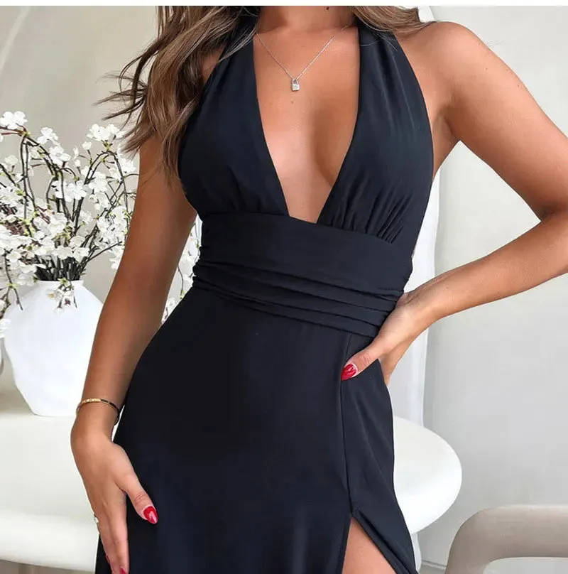 Trendy High Slit Maxi Dress – Plunge Halter Style